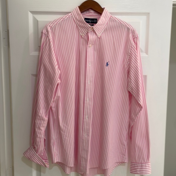 Polo by Ralph Lauren pink and white stripe Navy blue pony custom fit XL - Picture 1 of 4